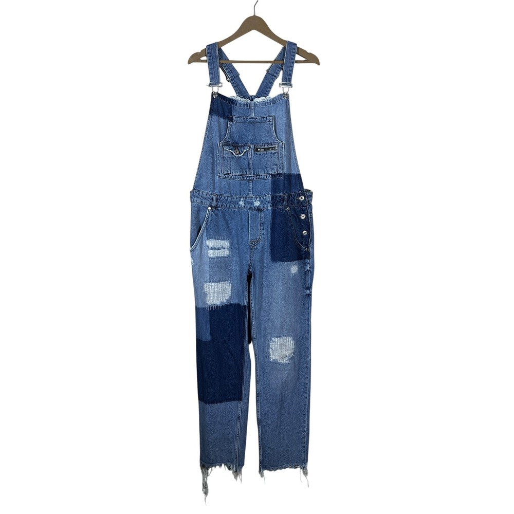 Superdry Vintage Patchwork Distressed Denim Overalls Blue Grunge Utility Size XL - Picture 1 of 6